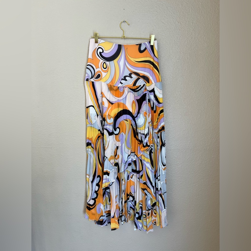 Marciano Orange and Purple Abstract High Low Pleated Flowy Maxi Skirt Size S - Picture 2 of 15